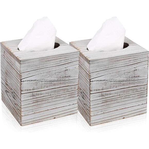 White Barnwood Tissue Box Cover: 2 Pack Tissue Box Holder Includes Slide-Out - Picture 1 of 16